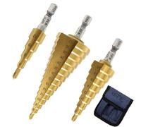 HSS Foret étagé, Set de 3 forets étagés, Revêtus de titane, 6,35 mm de tige hexagonale, Foret conique à rainure droite précise, 4 mm à 12/20/32 mm Ensemble de forets professionnels pour métal, laiton