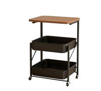 HuadaXtai Chariot de Rangement Pliable Étagère Trolley Panier Roulant Table d'Appoint à 3 Étagères avec Plan en Bois et Casiers en Fil Métallique Pliable à, Noir