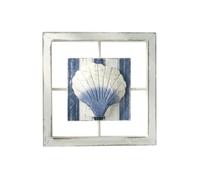 HuadaXtai Décoration Murale Côtière Panneau Mur Bois Relief Carré Plaque Murale Art Mural Bois de Pin avec Relief Élevé et Patine, Cadre En Bois Carré Bleu Et Blanc Avec Coquillage