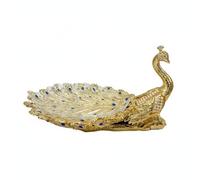 HuadaXtai Plateau Perlé en Résine Paon Bol Fruit Plat Centre de Table Présentoir Service avec Texture Plume et Accents Perle en Résine et Verre Adapté pour, Or Saphir + Plateau Transparent