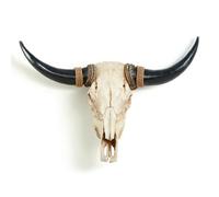 HuadaXtai Tête Murale Décorative Crâne de Taureau Faux avec Cornes Étirées Sculpture Murale en Résine avec Base Encordée Style et Vintage Adaptée aux Entrées, Cornes Noires Intégrées
