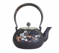 HuadaXtai Théière en Fonte Japonaise Théière Bouilloire Casserole Infusion eau avec Couvercle et Poignée en Cuivre Décor Gravé Traditionnel Pivoines Grues, 1,2L Prune Fier