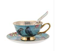 HUAMu Ensemble tasse et soucoupe de style européen en porcelaine anglaise pour petit déjeuner, maison, cuisine, motifs oiseaux et arbres (bleu)