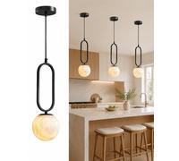 HUAYUSEDF Lampe suspendue naturelle for îlot de cuisine, luminaire moderne à boule noire, lampes suspendues en marbre naturel blanc avec lustre chevet G9 3000K, cordon UL réglable, lampe vanité