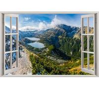 HUBDECO - Tatouage mural - Décoration murale - Film autocollant - Poster - Autocollant mural - Effet 3d - Papier peint autocollant - Motif fenêtre & montagne - Lacs, montagnes - 120x80cm
