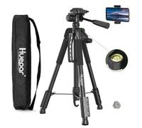 Huepar TPD14A1 146cm Trépied Réglable Portable pour Niveau Laser, avec Tête Panoramique Flexible 3-Voies et Niveau à Bulle,support pour téléphone avec Vis 1/4"-20 et Écrou d'adaptation 5/8"-11