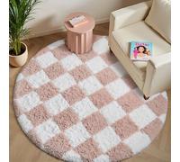 HUGEAR Tapis Shaggy Rond 120cm Damier Tapi Doux Rose Blanc Salon Rug | Antidérapant Rugs,Moderne Carpet,Descente de lit Carpets,Chambre Adulte Fille,Enfant,Cuisine,Decoration Chambrel