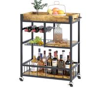 Huhote Chariot de service avec étagère à vin, chariot de bar, chariot à boissons, chariot à roulettes, chariot à vin pour salle à manger, cuisine, salon, bar, fête, grain de bois marron