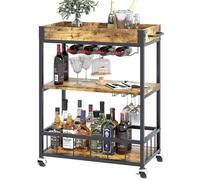 Huhote Chariot de service, chariot de cuisine, chariot de bar avec roulettes, chariot à vin avec porte-bouteilles, 3 étages, pour salon, salle à manger, cuisine, bar, fête, grain de bois marron