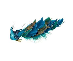 HUIKJI Lot de 2 décorations de 30,5 cm imitation paon avec queue de paon à paillettes bleues pour décoration de sapin de Noël et de jardin