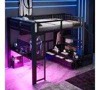 HUIVEYA Lit Mezzanine Métal Gamer 140x200cm avec Bureau, Éclairage LED,Noir | Lit Double, 3Tiroirs, Escalier Rangement, Armoire ouverte, Barrières de Sécurité, sans Matelas, pour Chambre Ado, Adulte