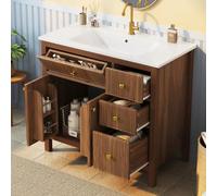 HUIVEYA Meuble Lavabo 91 cm avec Vasque Céramique et Tiroirs Profond, Noyer | Meuble Salle de Bain, Tiroir à Rabat, Étagères de porte, Charnières Soft-Close, Robinet non Inclus, Gain de Place