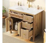 HUIVEYA Meuble Lavabo 91cm avec Vasque Céramique, Tiroirs Profond, Naturel | Meuble Vasque Salle de Bain, Tiroir à Rabat, Étagères de Porte, Charnières Soft-Close, Robinet non Inclus, Gain de Place