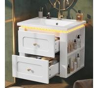 HUIVEYA Meuble Lavabo Suspendu 61cm avec Vasque en Céramique, Tiroirs,Blanc | Meuble Salle de Bain, Éclairage LED, Étagères Latérale Réglable, Trop-plein, Trou robinetterie, Robinet non Inclus