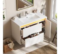 HUIVEYA Meuble Lavabo Suspendu 81cm avec 2 Tiroirs et Éclairage LED, Blanc | Meuble Salle de Bain, Éclairage LED, Étagères Latérale Réglable, Trop-plein, Trou robinetterie, Robinet non Inclus