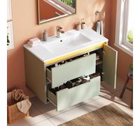 HUIVEYA Meuble Lavabo Suspendu 81cm avec 2 Tiroirs et Éclairage LED, Vert | Meuble Salle de Bain, Vasque Céramique, Porte Texture Ondulée, Étagère Réglable, Trop-plein, Robinet non Inclus