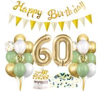 HUKUMA Décoration d'anniversaire 60 ans, vert sauge, pour femmes et hommes, ballons avec guirlande vert/blanc/doré, ballons à confettis verts