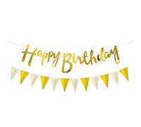 HUKUMA Guirlande Happy Birthday, bannière d'anniversaire dorée à paillettes, guirlande d'anniversaire avec bannière fanion, décoration de fête d'anniversaire pour adultes et enfants