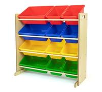 Humble Crew | Rangement jouets 12 bacs | Naturel/Rouge/Bleu/Vert/Jaune | Structure en bois | Bacs amovibles en plastique sans BPA | Pour jouets, jeux et matériel de loisirs créatifs