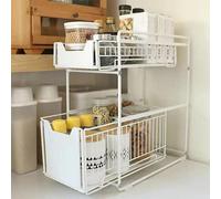 HUOLE 2 Étagères Tiroir à Mailles Métal sous évier Rangement Organiseur,Panier de Rangement Coulissant à 2 Niveaux,Porte-épices, pour Salle de Bain, Cuisine, Comptoir, Armoire