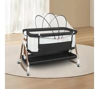 HUOLE Berceau Bébé 3 en 1, Lit Cododo Portable avec Mode Berceau, Matelas Amovible, Hauteur Réglable, Poches de Rangement et Roues Verrouillables, 90 x 60 x 90-115 cm - Noir + Or