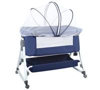 HUOLE Berceau Bébé 3 en 1, Lit Cododo Portable avec Mode Berceau, Matelas Amovible, Hauteur Réglable, Poches de Rangement et Roues Verrouillables, 80 x 40 x 100-116 cm (6 Vitesses - Bleu Marine)
