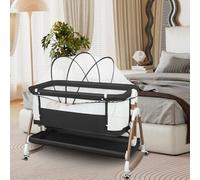 HUOLE Berceau Bébé 3 en 1, Lit Cododo Portable avec Mode Berceau, Matelas Amovible, Hauteur Réglable, Poches de Rangement et Roues Verrouillables, 90 x 60 x 90-115 cm - Noir + Or