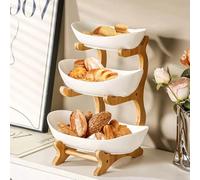 HUOLE Corbeille a Fruits Céramique avec Support en Bois résistant, Plateaux de Service pour Gâteaux Fruits Dessert, Bambou Support à Panier de Fruits, Décoration Coupe de Fruit-14 * 22,5 * 32cm-Blanc