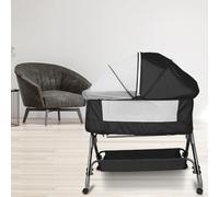 HUOLE Lit Bébé Cododo - Berceau avec Matelas, Mode Bascule pour Bercer, Côté Repliable, Hauteur Réglable, Fenêtres en Filet, Roues et Sac de Voyage - 0-24 Mois, 50kg-104 * 52 * 100-110 cm-Noir
