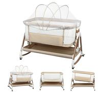 HUOLE Lit Cododo, Berceau à Inclinaison, Berceau 3 en 1,Hauteur réglable sur 6 Niveaux(50-75cm(50-55 - 60-65- 70-75)), jusqu'à 50 kg, Roues 360º, Moustiquaire,90 x 60 x 90-115 cm - Blanc cassé + Or