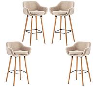 HUOLE Lot de 2 Tabourets de Bar, avec Dossier et Repose-Pieds, Chaise Haute et Rembourrée, Surface en Lin, Hauteur d’Assise de 64 cm, Pieds en Bois Massif, en Tissu matelassé, élégant (Beige-4pc)