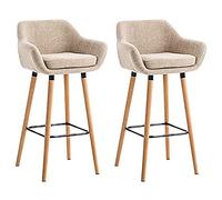 HUOLE Lot de 2 Tabourets de Bar, avec Dossier et Repose-Pieds, Chaise Haute et Rembourrée, Surface en Lin, Hauteur d’Assise de 64 cm, Pieds en Bois Massif, en Tissu matelassé, élégant (Beige)