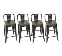 HUOLE Lot de 4 Tabouret de Bar Metal,Tabouret Haut Industriel 84cm de Hauteur Assise avec Dossier et siège en Bois,pour Cuisine Bistrot Salle à Manger Intérieur et Extérieur,84 * 42 * 42cm