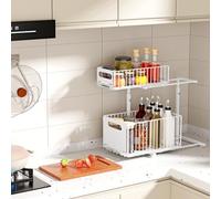 HUOLE Rangement sous Évier en Métal avec Tiroir de Rangement Coulissant Étagère sous Évier Organiseur pour Cuisine et Salle de Bain Acier au Carbone -26,5 x 38 x 48,5 cm, forme L (Blanc)