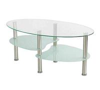 HUOLE Table Basse en Verre Trempé à 3 Niveaux, Ovale, Bout de Canapé pour Le Salon, Bureau, Hôtel, Cadre Robuste en Métal et Pieds Antidérapants-90 * 50 * 43cm Transparent+Blanc