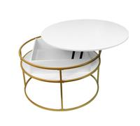 HUOLE Table Basse Relevable avec Rangement Caché, Bouts de canapé Ronde Salon avec Cadre Métallique Robuste, Tables gigognes,Forte Charge Portante,60 x 60 x 47 cm (Blanc et doré)