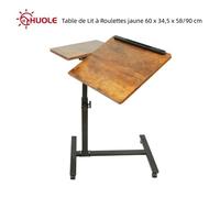 HUOLE Table d'appoint de Lit à Roulettes Inclinable Panneau de densité + acier Cerise jaune 60 x 34,5 x 58/90 cm