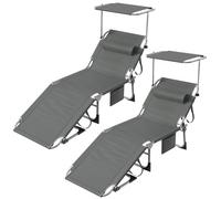 Huracan Chaise longue pliable grande 2X, chaise longue de jardin avec toit, chaise longue avec dossier réglable en 4 positions, oreiller de tête, chaise longue de plage résistante aux intempéries