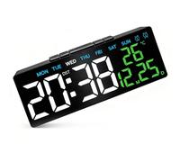 Husalsea Réveil Numérique, 3 Niveaux De Luminosité, Affichage Température, Alarme, Jour, Date, Heure, Horloge Été, Chronométrage Et Minutage, Port USB Arrière, Boîtier Noir Texte Vert, 18,2x3,5x6,6cm
