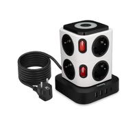 Huslog PowerTower Tour multiprise 12-en-1, 8 Prises Schuko, 3 USB-A et Un USB-C, parafoudre et Protection Surcharge, interrupteurs par étage, veilleuse LED, câble 1,8 m, 3680 W, Blanc-Noir