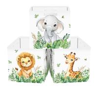 HUUMONSS Boîtes de Rangement Lot de 3 Animaux de La Forêt Paniers de Rangement Cube Lion Girafe Éléphant Enfant Pliables Coffre à Jouets pour Étagères Livres, Plante Verte