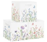 HUUMONSS Boîtes de Rangement Lot de 3 Fleur Sauvage Paniers de Rangement Cube Papillon Jardin Enfant Pliables Coffre à Jouets Garçons Filles pour Étagères Livres,Buisson Plantes,30x30x30 cm