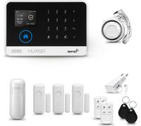 HUXGO HXA003 : Système d'alarme domestique WiFi + GSM avec sirène, comprenant 1 détecteur de mouvement et 3 détecteurs d'ouverture de portes/fenêtres, compatible avec l'application Tuya Smartlife