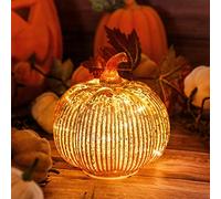 hvfun Lanterne Citrouille décorative d'automne en Verre rayé, décoration d'halloween et décoration de Table de Thanksgiving, lumière d'automne à Piles pour fête et Maison - Doré