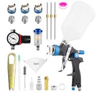 HVLP Professionnel Pistolet à Peinture Carrosserie Alimentation par Gravité 3 Buses 1,4/1,7/2,5mm Coupelle 600cc par gravité et Jauge de Pression HVLP Meubles de Voiture Pistolet de réparation (Bleu)