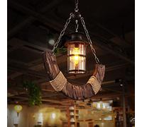 HWSY Rétro Rustique Loft Lustre Industriel Corde De Chanvre en Bois Massif Lampe Suspension Vintage Plafond en Fer Forgé Suspension Lumière Pays Thème Restaurant Décor Droplight Bar Café Éclairage