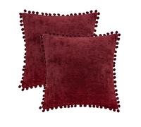 HWY 50 Lot de 2 housses de coussin décoratives avec pompons en tissu chenille doux et solide pour canapé, sofa, lit, salon, 40,6 x 40,6 cm, rouge bordeaux