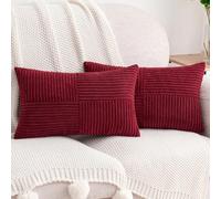 HWY 50 Lot de 2 housses de coussin décoratives rectangulaires douces et solides en velours côtelé et à motif de rayures pour canapé, sofa, salon, 30,5 x 50,8 cm, rouge bordeaux