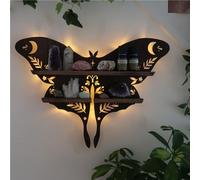 hxoity Étagère Murale Papillon Décorative avec Éclairage LED USB pour Salon | 38.5x28cm Bois Peuplier Double Couche Motif Lune Soleil USB LED Chaud Rangement Pour Huiles Et Cristaux Décoration Murale