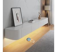 HYANXUE Support TV flottant, étagères TV murales avec porte, console multimédia TV, meuble TV flottant grand rangement banc TV sous TV (Blanc+LED, 240CM/94,4")